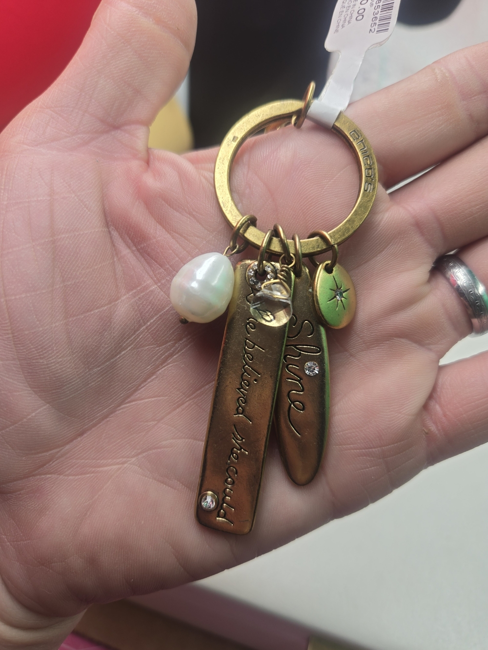 Chico's Brass-tone Engraved Pendant Keyring with Pearl